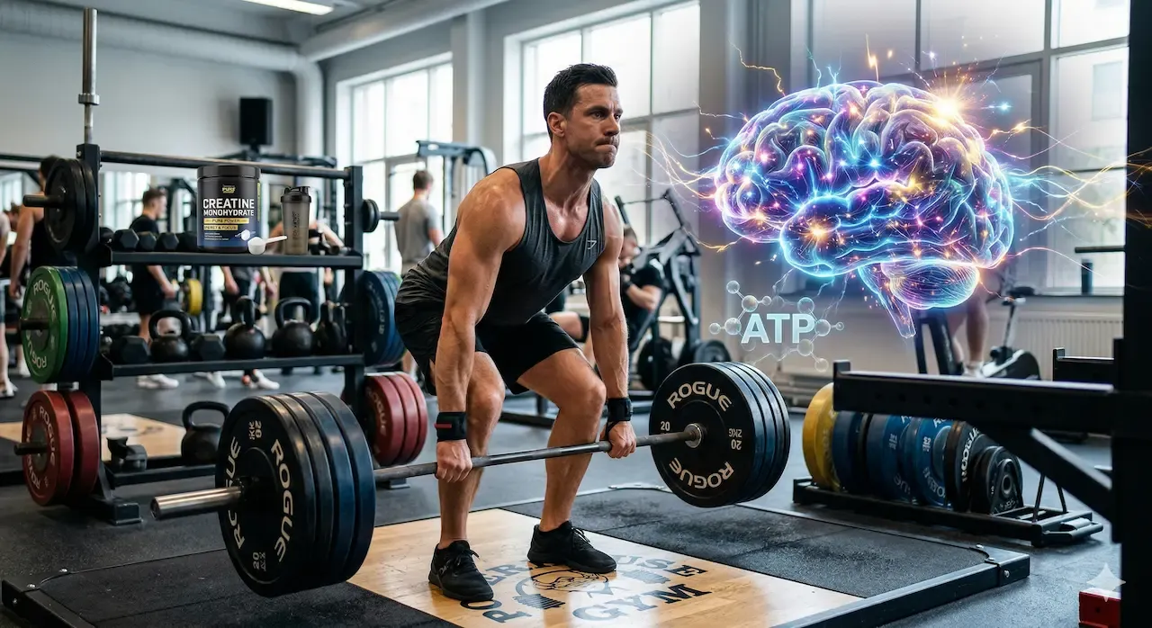 Man som utför tunga marklyft på ett gym, illustrerad tillsammans med en glödande hjärna, en ATP-molekyl och en burk kreatinmonohydrat.