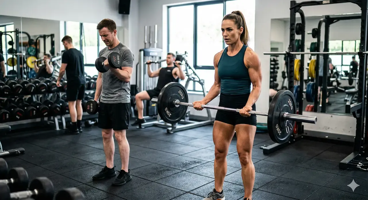 Vältränad kvinna som tränar biceps med skivstång, samtidigt som en man gör tunga bicepcurls med hantlar i bakgrunden på ett välutrustat gym.