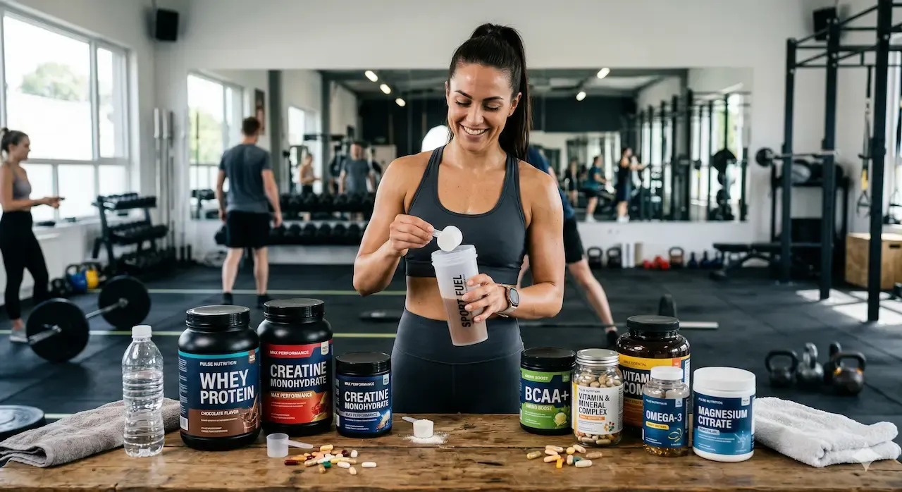 Ett stort utbud av träningskosttillskott, inklusive whey protein, kreatin, BCAA och omega-3, framför en kvinna som förbereder sin träningsdryck.