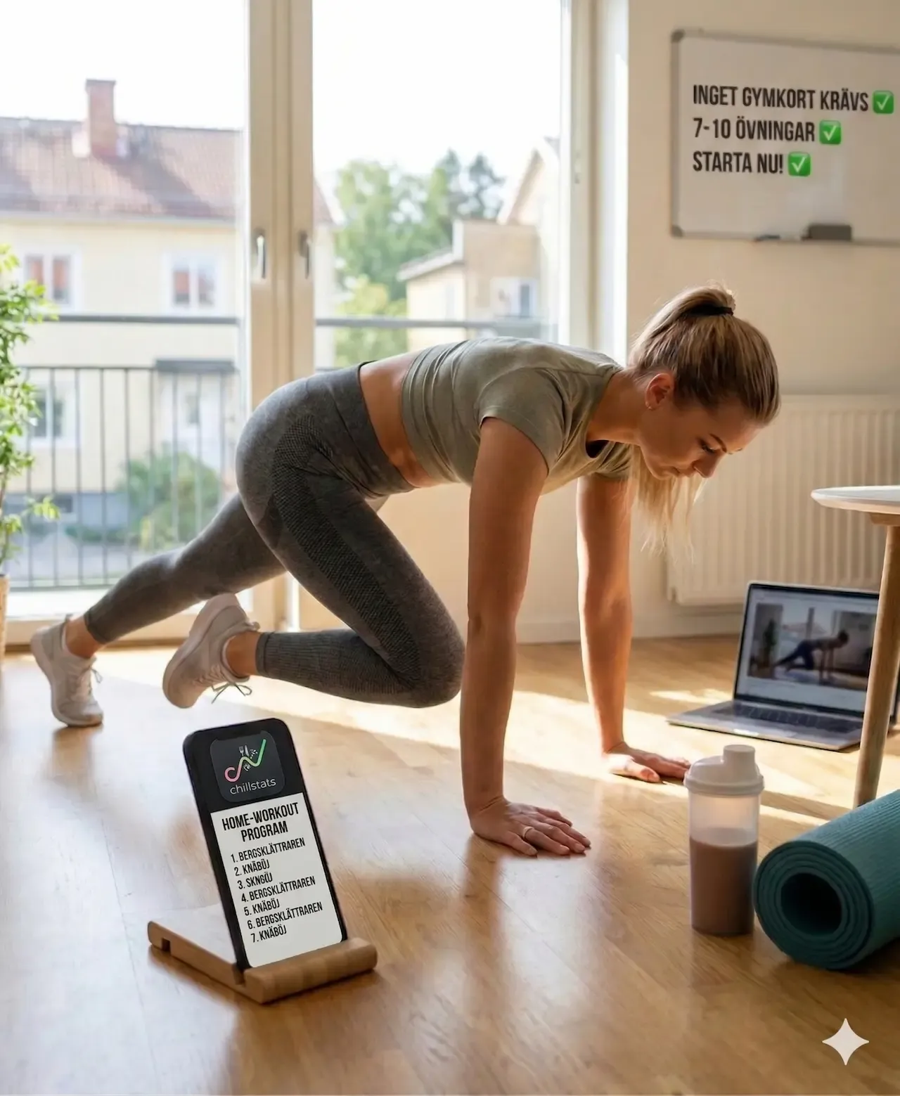 Hemmaträning utan gymkort; en kvinna tränar på vardagsrumsgolvet och följer ett onlinepass med övningar som bergsklättraren och knäböj.