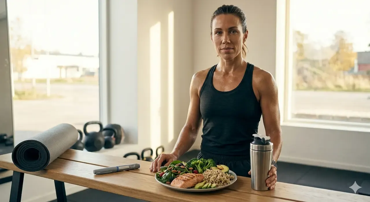 Kvinna i träningskläder som håller i en proteinshaker bredvid en balanserad måltid med lax, quinoa, avokado och broccoli för optimal återhämtning.