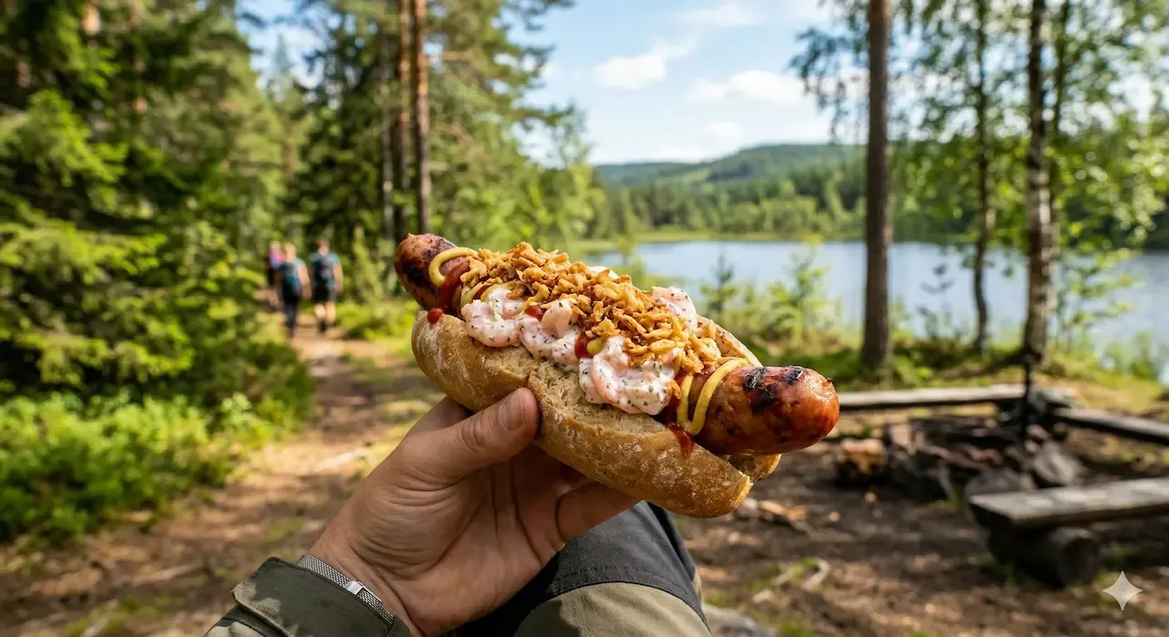 Hand som håller en nygrillad tjock korv i bröd med räksallad och rostad lök framför en skogssjö med vandrare