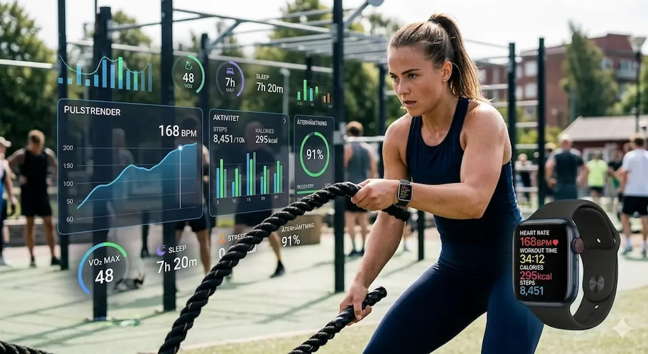 Datadriven träning och fysisk optimering: Kvinna tränar intensivt med battle ropes medan AI-driven biometrisk data från en smartwatch visar realtidsvärden för puls, VO2 max och återhämtning.