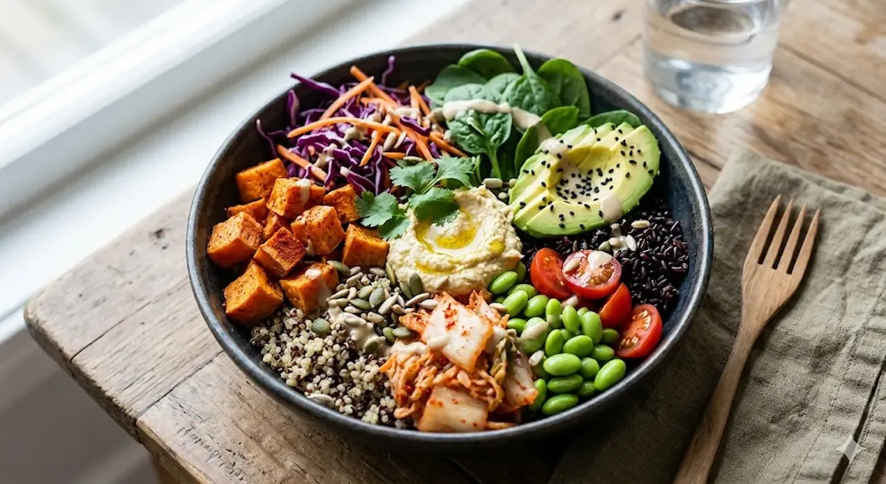 Funktionell nutrition i praktiken: En näringstät måltid designad för blodsockerbalans och en stark tarmflora. Skålen kombinerar probiotika från kimchi, hälsosamma fetter från avokado, protein från edamamebönor och fiberrika kolhydrater.