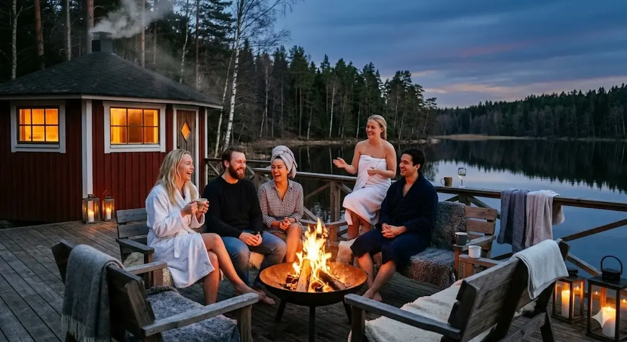 En grupp vänner sitter och skrattar runt en öppen eld på ett trädäck vid en lugn sjö i skymningen. Några bär badrockar och handdukar. I bakgrunden syns en röd bastubyggnad med rök från skorstenen och en tät skog.