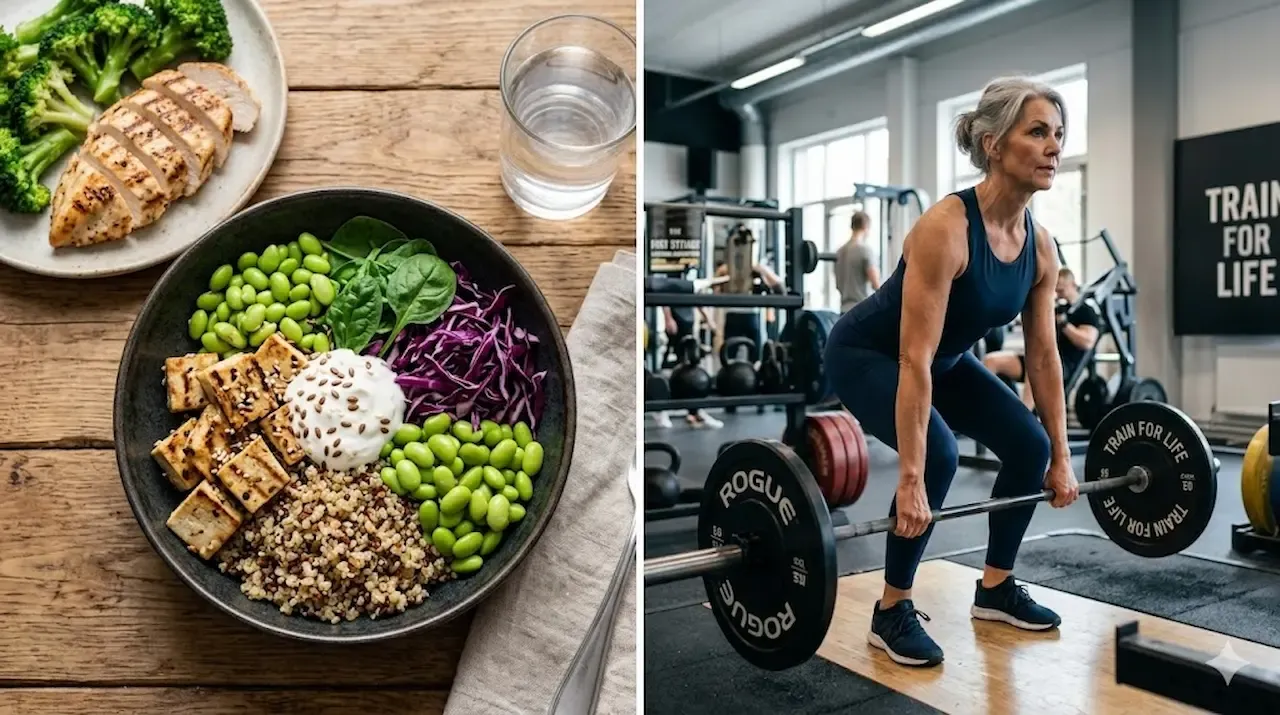 Delad bild. Till vänster syns hälsosamma måltider med kyckling, broccoli, tofu, edamamebönor och quinoa på ett träbord. Till höger en stark, äldre kvinna som tränar tungt och utför ett marklyft med skivstång på ett gym.