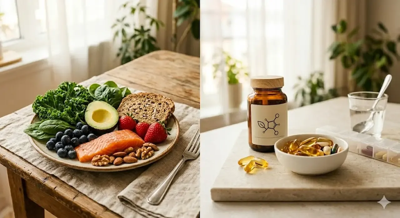 Jämförelse av hälsosam mat och kosttillskott: tallrik med lax, avokado, bär och bladgrönsaker bredvid en flaska och skål med vitaminer och omega-3-kapslar på ett köksbord.