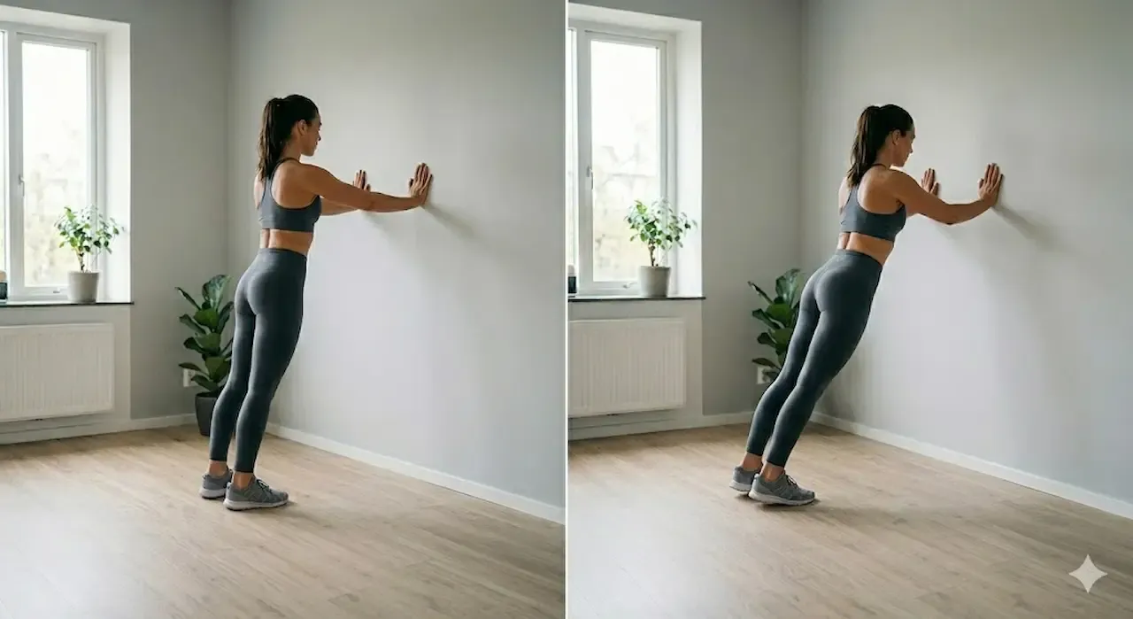 En person gör armhävningar mot en vägg med raka ben och rak kroppslinje
