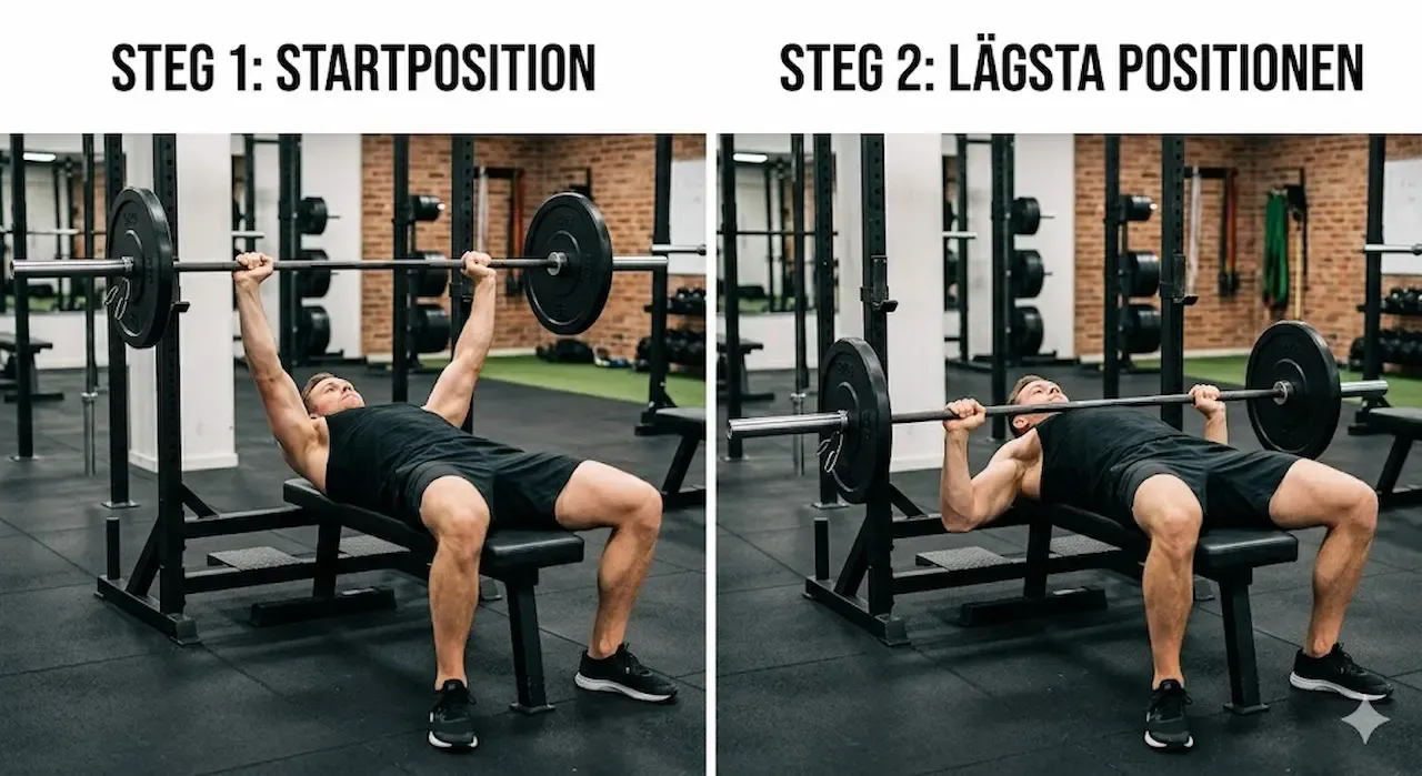 En person ligger på en bänk och pressar en skivstång över bröstet