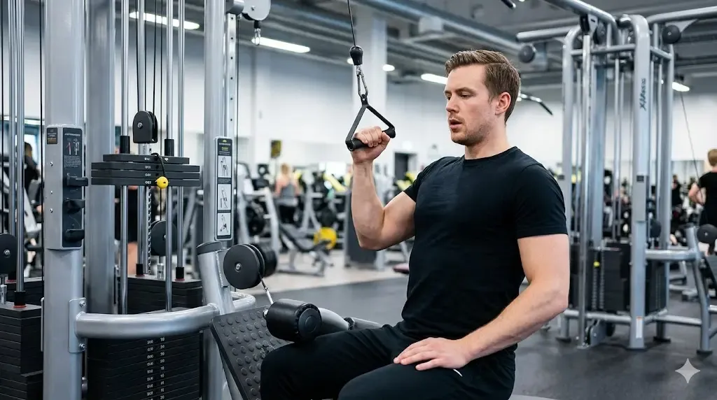 En person drar ett enkelhandtag nedåt i en latsdragmaskin med en arm