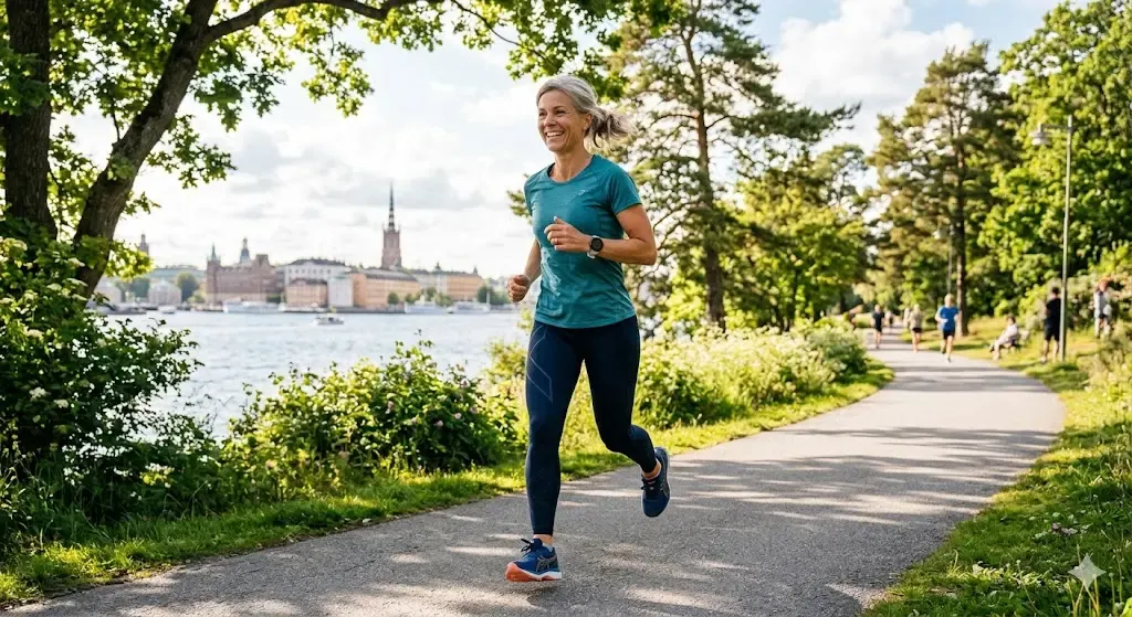 En ljus och stärkande bild på en kvinna över 40 i rörelse, eller en stilren anatomisk/hormonell illustration som känns modern och positiv