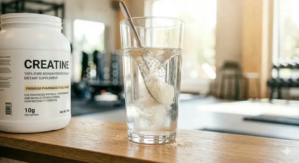 En ljus och stilren bild på ett glas med vatten och ett vitt pulver som blandas