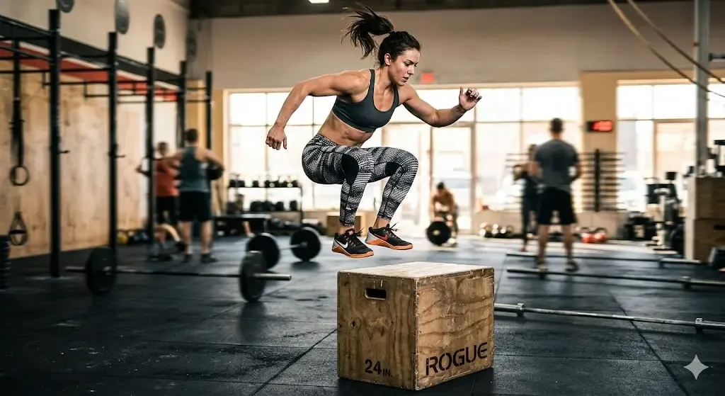 En actionfylld bild på en kvinna som befinner sig i luften under ett boxhopp (box jump), med fokus på kraft och atletisk hållning