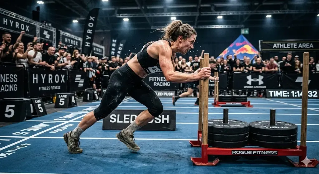 En intensiv och svettig actionbild från en Hyrox-tävling, till exempel någon som pressar en tung släde (Sled Push)