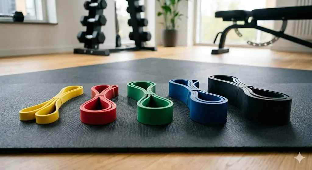 Flera olika gummiband för träning på ett gym