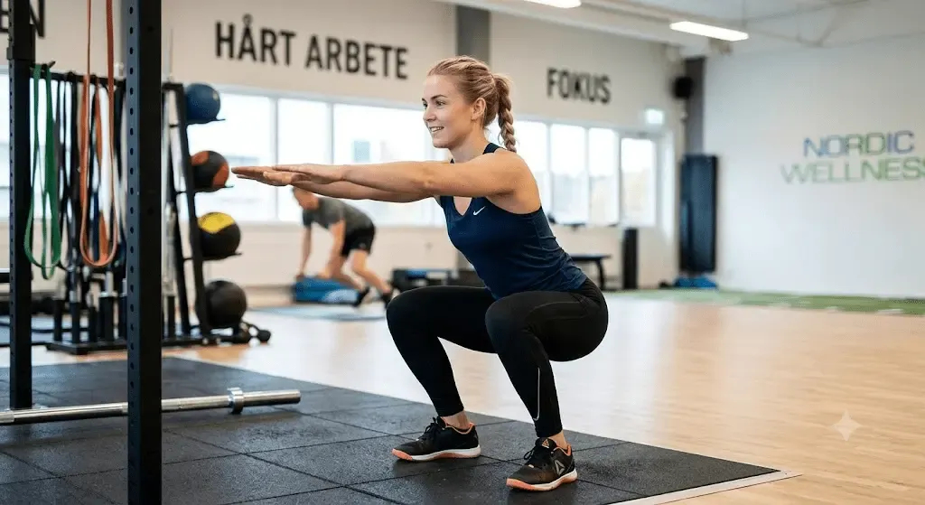 En person står med höftbrett isär och böjer knäna till en grund knäböj