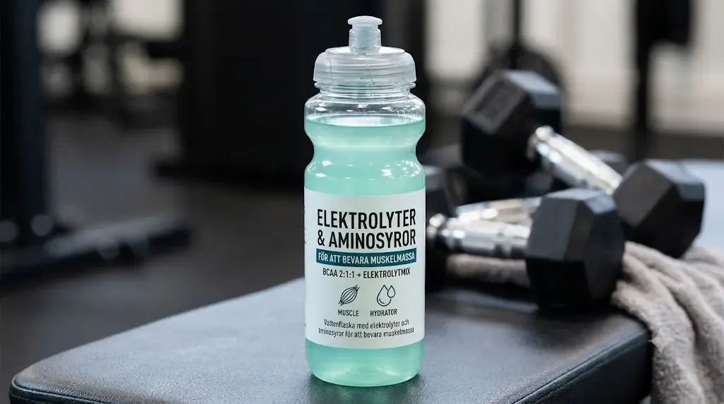 En naturlig bild från ett kök eller gym där någon blandar EAA eller elektrolyter i en vattenflaska