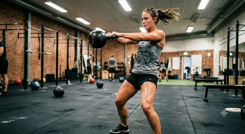 En svettig och actionfylld bild på någon som gör kettlebell-svingar