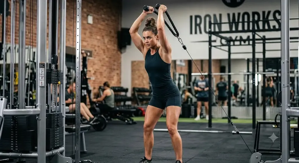 Kvinna som tränar triceps över huvudet i en kabelmaskin för att bygga volym.