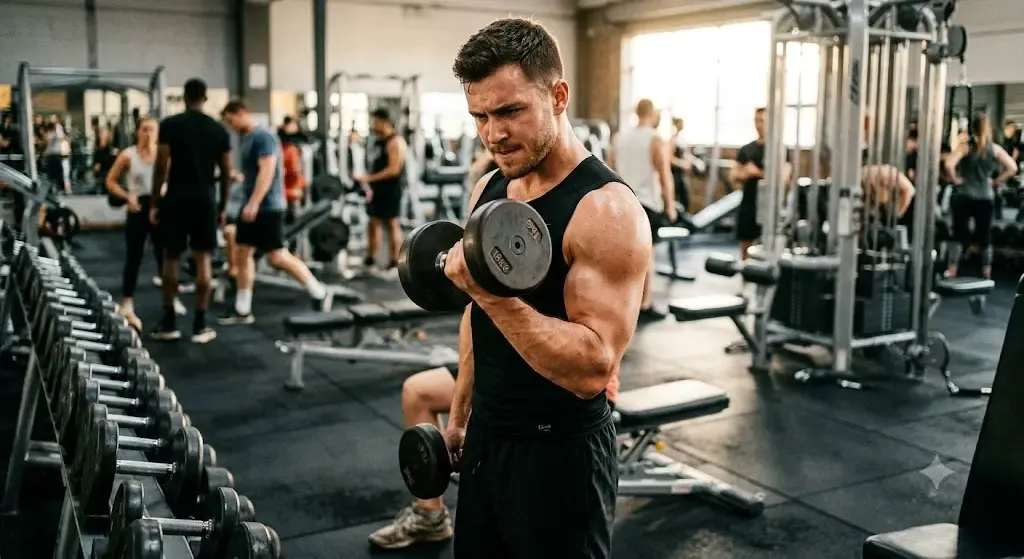 En snygg, fokuserad actionbild från gymmet där någon gör en hantelcur