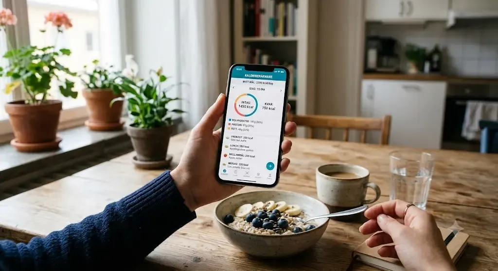 En person som använder en digital kalroiuträknare vid matbordet.
