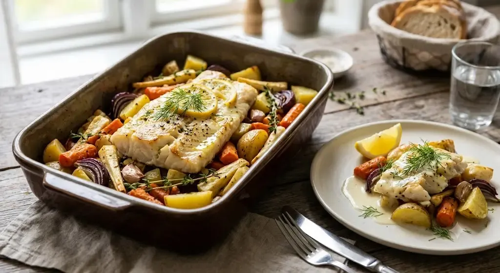 En ugnsform med ugnsbakad vit fisk och rostade rotfrukter på ett träbord, bredvid en upplagd portion på en tallrik med sås.