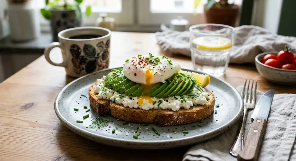 "En skiva rostat bröd med färskost, skivad avokado och ett pocherat ägg med rinnande gula, garnerad med gräslök, på en tallrik med bestick och kaffe.