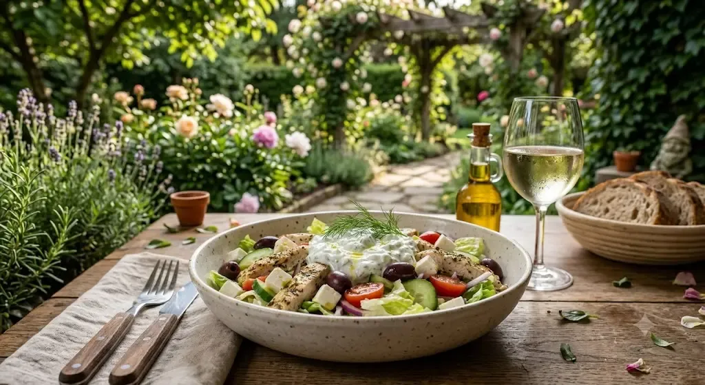 En skål med kycklingsallad, fetaost och tzatziki uppdukad på ett träbord utomhus i en prunkande trädgård, serverad med ett glas flädersaft.