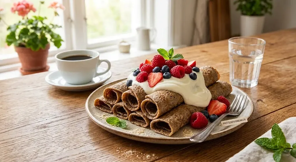 "En tallrik med rullade proteinpannkakor, rikligt toppade med vit kräm och färska bär, framdukat med kaffe på ett ljust träbord.
