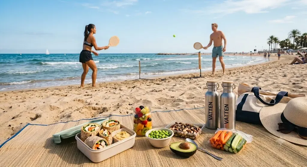 En solig strand med en strandmatta i förgrunden. På mattan är en hälsosam picknick uppdukad med fyllda wraps i en matlåda, en burk med fruktsallad, skurna grönsaksstavar, edamamebönor, nötter, en halv avokado och två vattenflaskor i stål. I bakgrunden, nära vattenbrynet, spelar en kvinna och en man strandtennis med trärack och en grön boll över ett lågt nät.