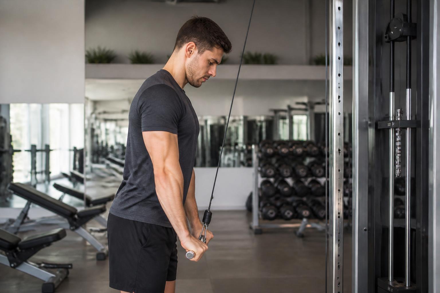 En man gör triceps pushdown i kabelmaskin med armbågarna intill kroppen