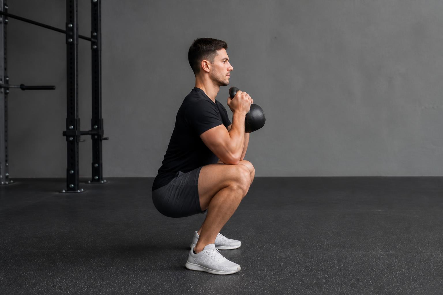 En person utför goblet squat med en kettlebell hållen framför bröstet i ett gym