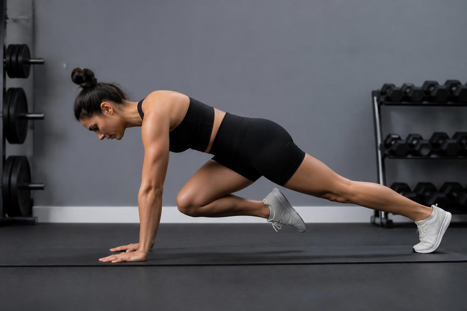 En person utför mountain climbers i plankposition på en matta i ett gym