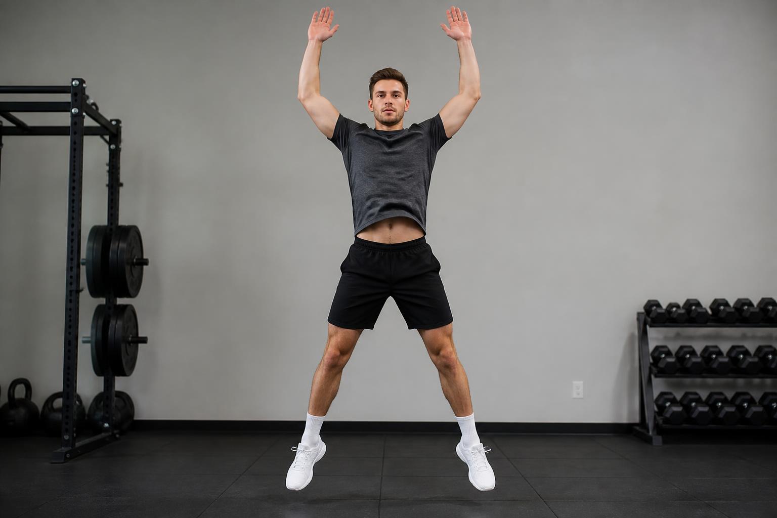 En person gör jumping jacks med armarna över huvudet och benen isär i ett gym