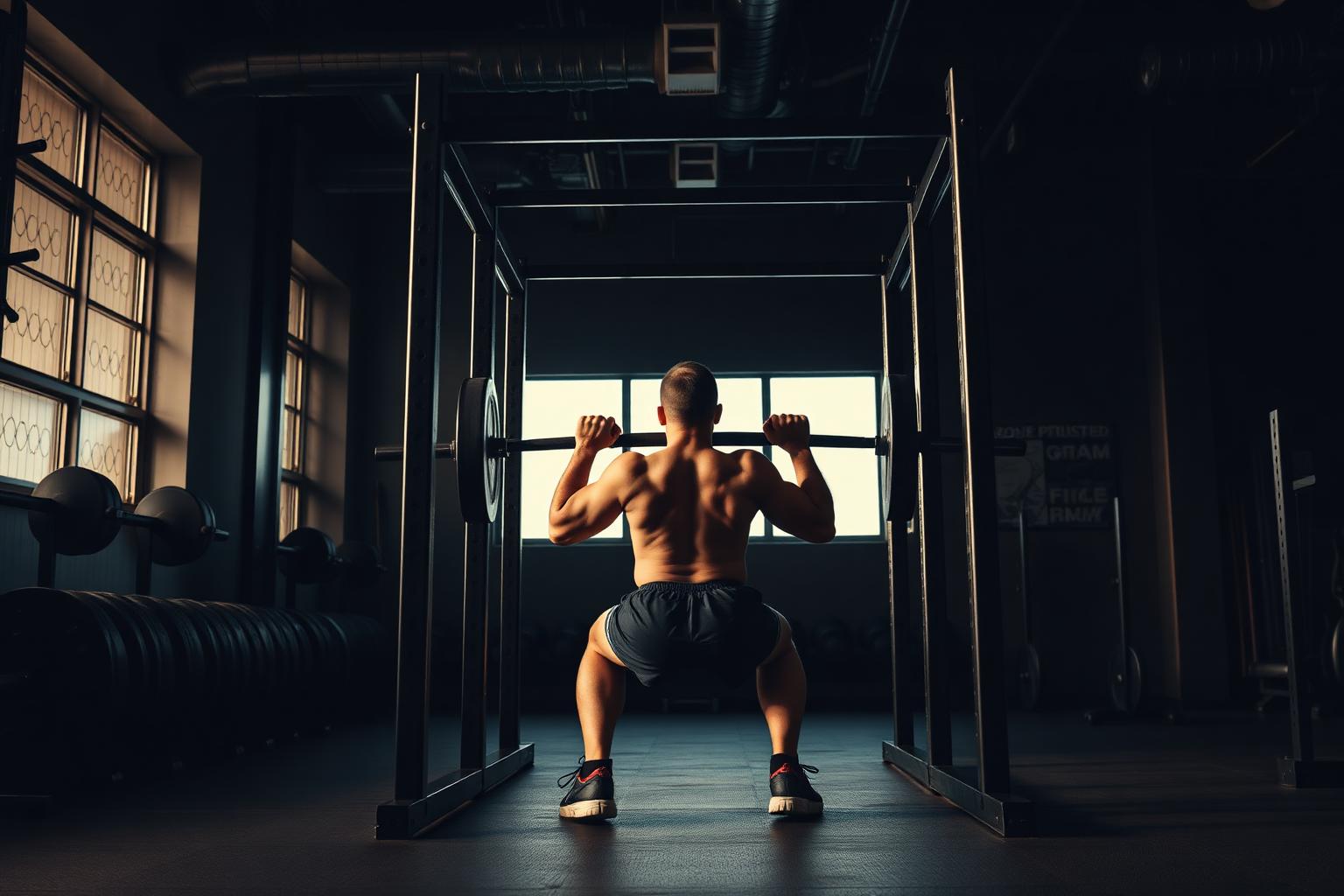 Person som utför knäböj med skivstång i rack på gym