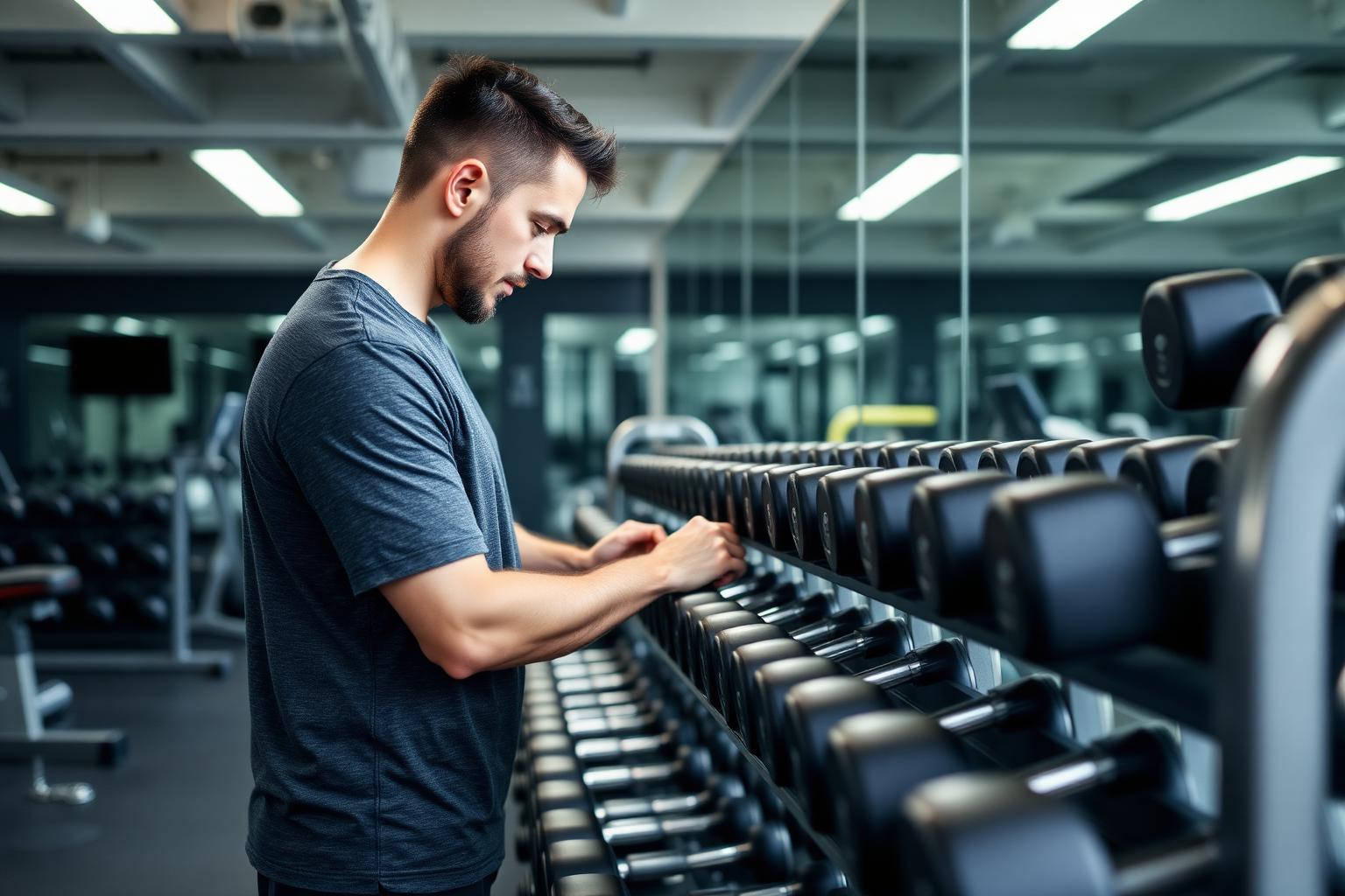 Person som väljer hantlar vid ett hantelställ på gym