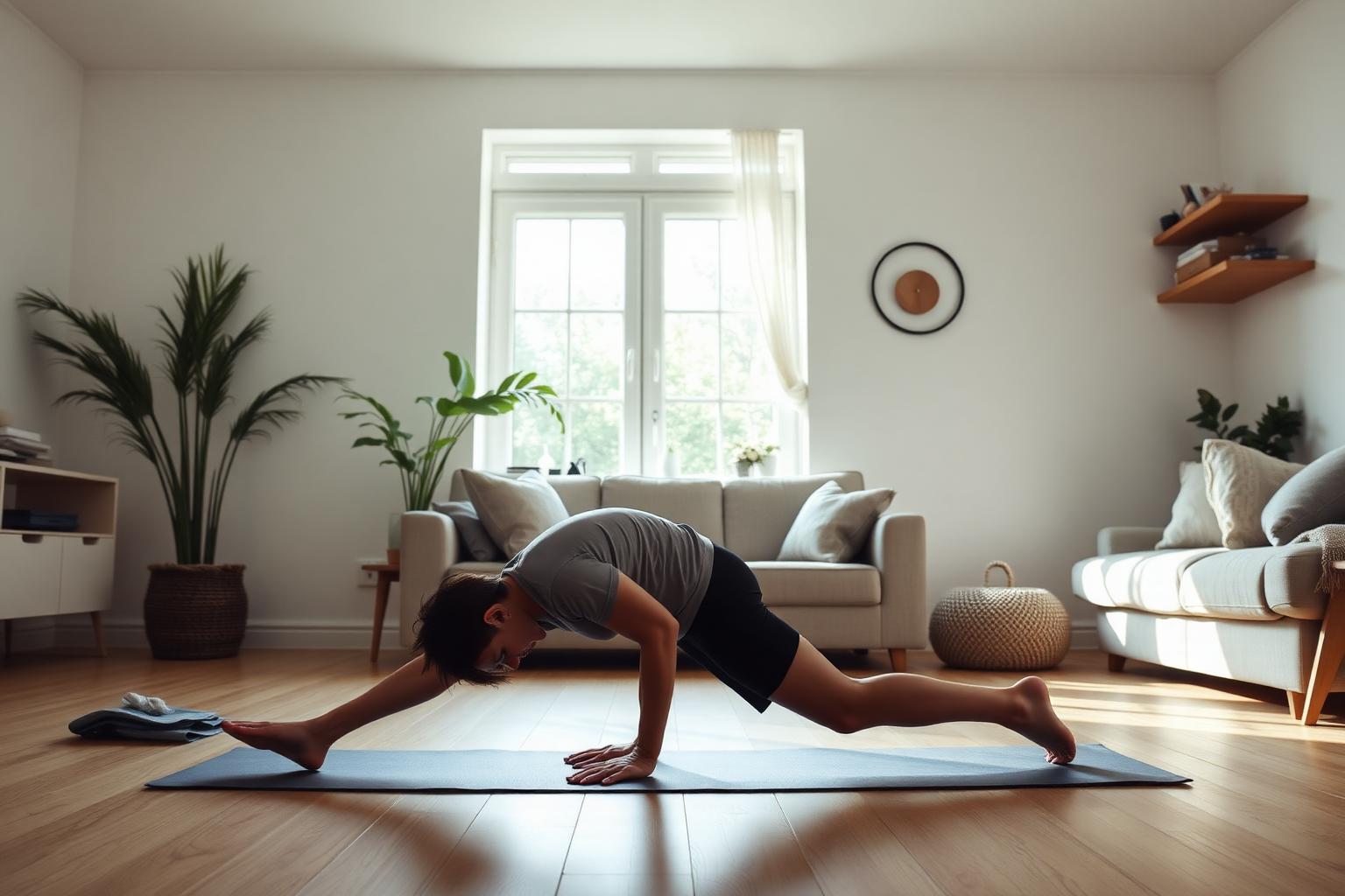 Person som gör plankan på en yogamatta i ett ljust vardagsrum