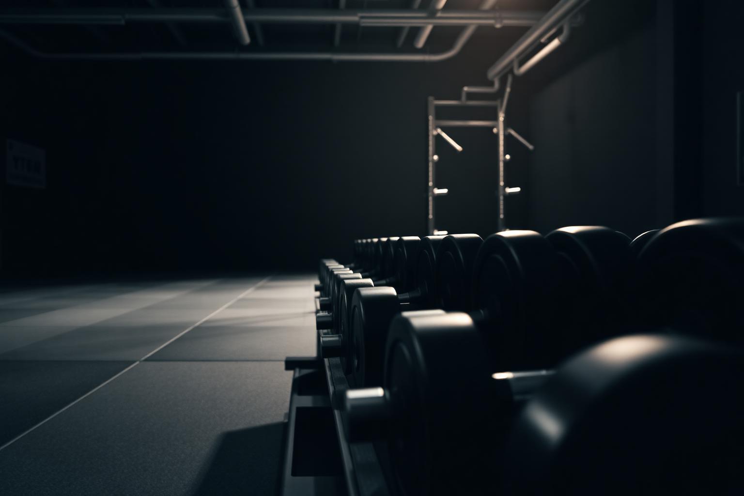 Hantlar i ett hantelställ på ett gym med squat rack i bakgrunden