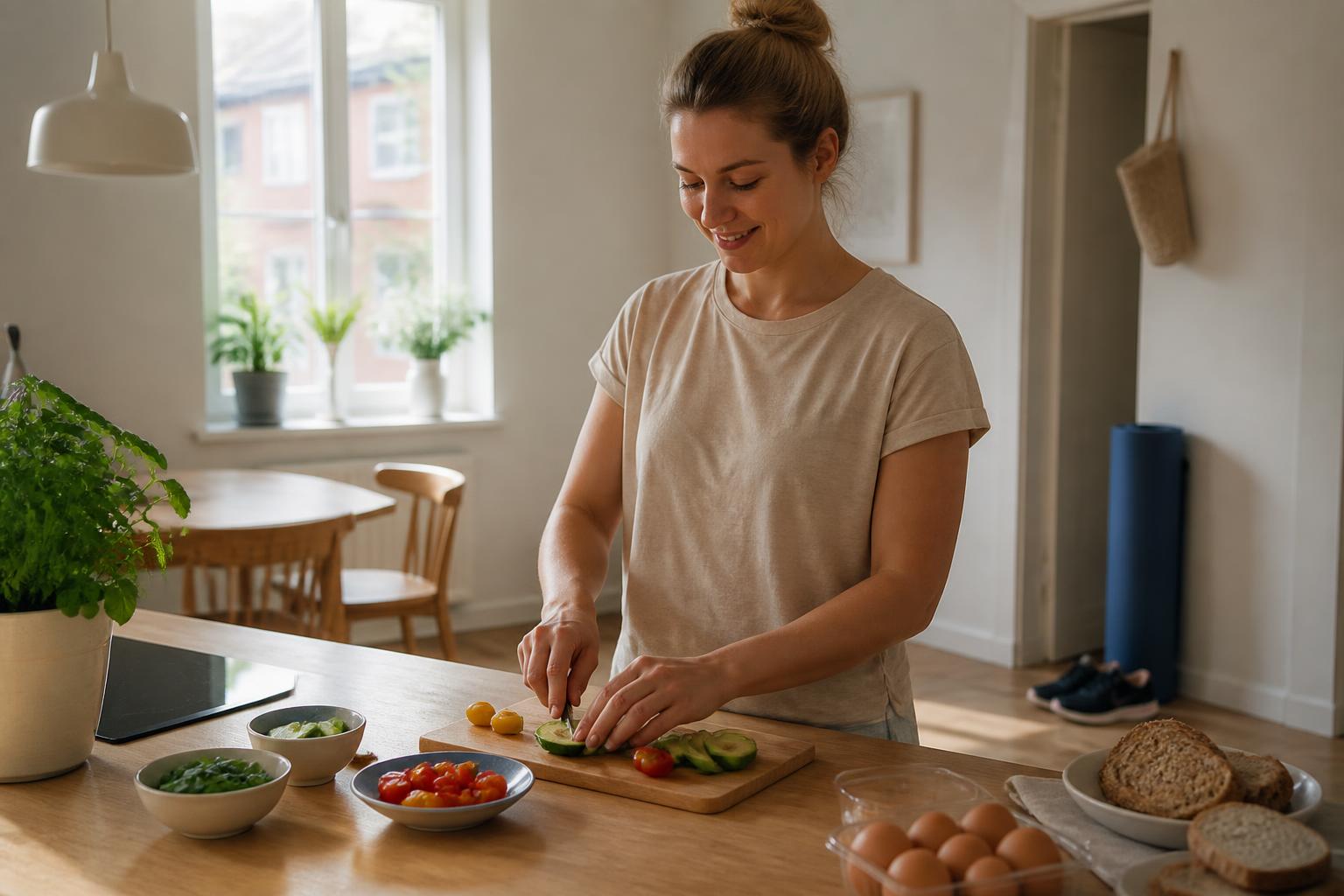 Kvinna som förbereder en hälsosam frukost i ett ljust kök med yogamatta i bakgrunden