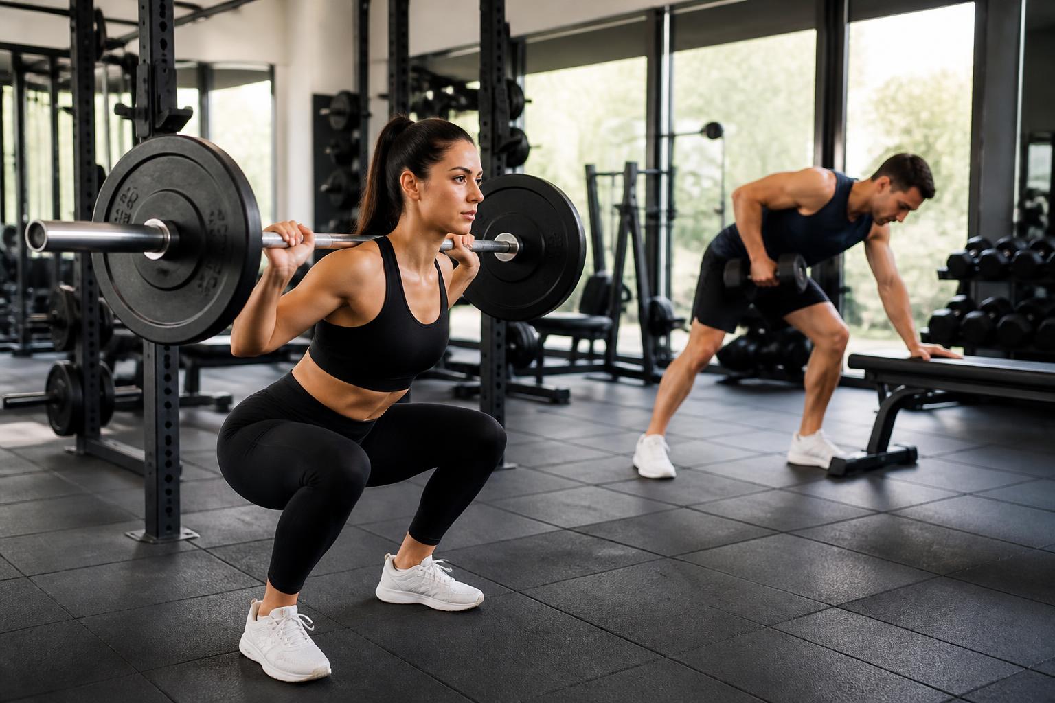 Kvinna gör knäböj med skivstång och man gör hantelrodd i ett ljust gym
