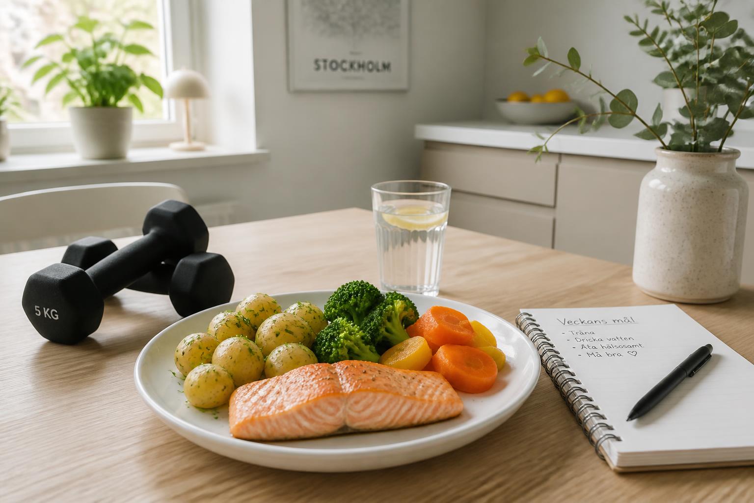 Tallrik med lax, potatis och grönsaker på ett köksbord med hantlar och en anteckningsbok