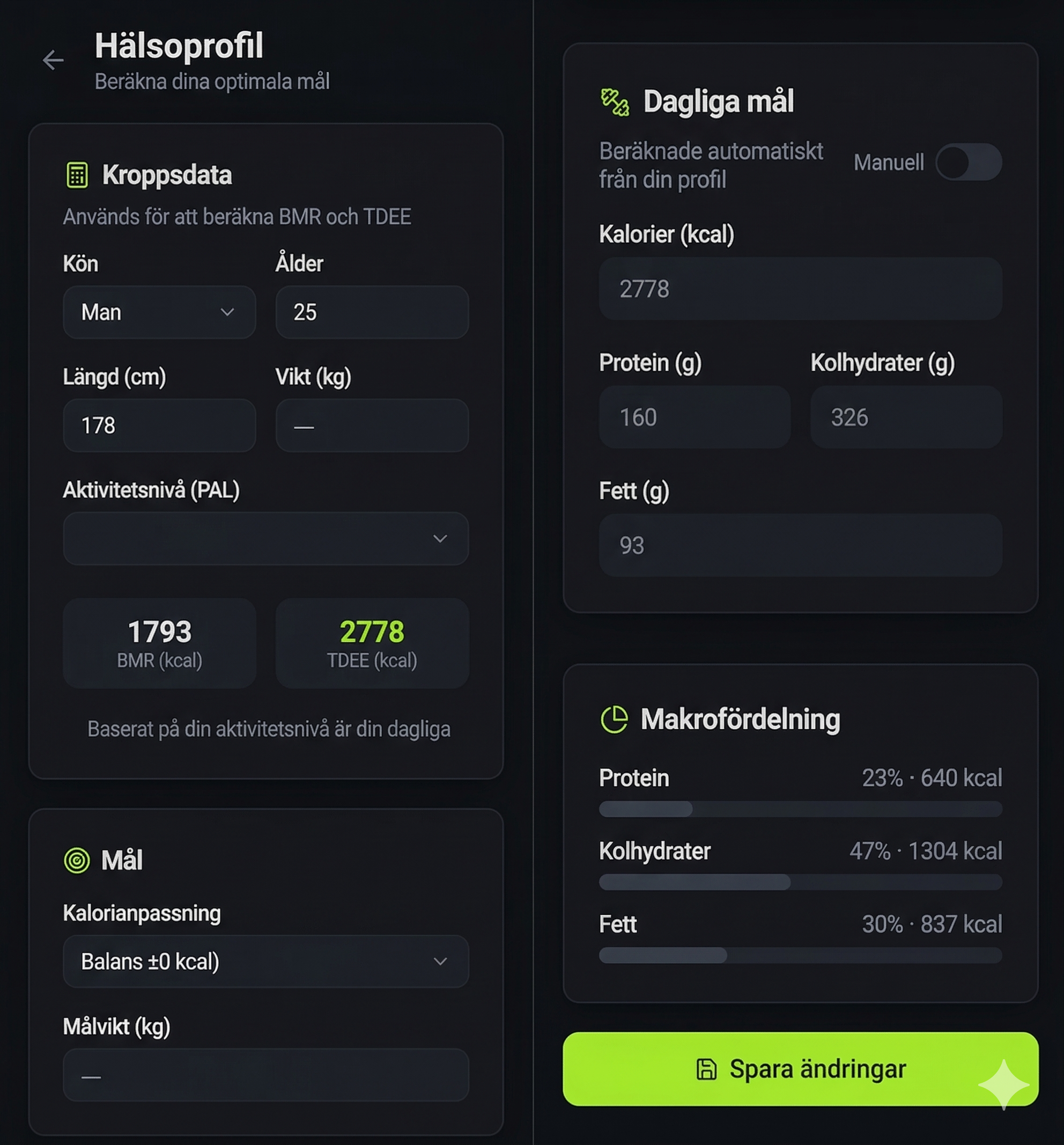 Skärmdump av hälsoprofilen i ChillStats som visar inmatning av ålder, längd, vikt och beräkning av BMR samt manuell inställning av makron.