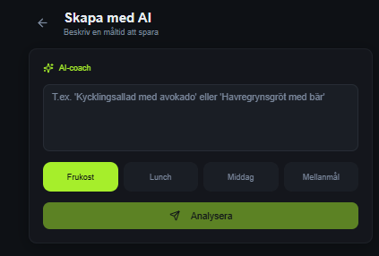 AI-coach-funktionen i ChillStats där en användare kan skriva in måltider i klartext för automatisk analys av näringsvärde.