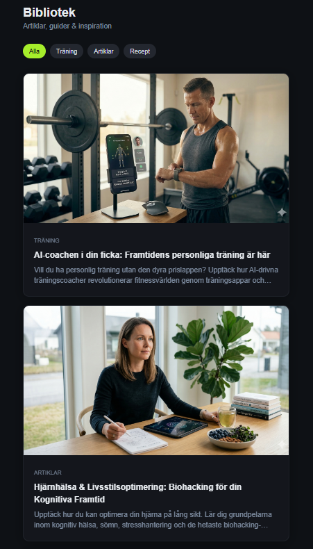 Biblioteksvyn i ChillStats med bildpuffar för artiklar om AI-träning, biohacking och hjärnhälsa.