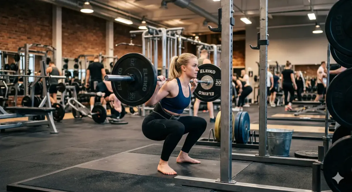En ung kvinna fokuserar på att utföra en djup knäböj med en skivstång i ett välutrustat gym. Hon är barfota, bär träningsbälte och är klädd i mörka träningstights och sport-bh. Skivstången är lastad med tunga viktskivor och i bakgrunden syns en industriell gymmiljö med tegelväggar, maskiner och andra motionärer.