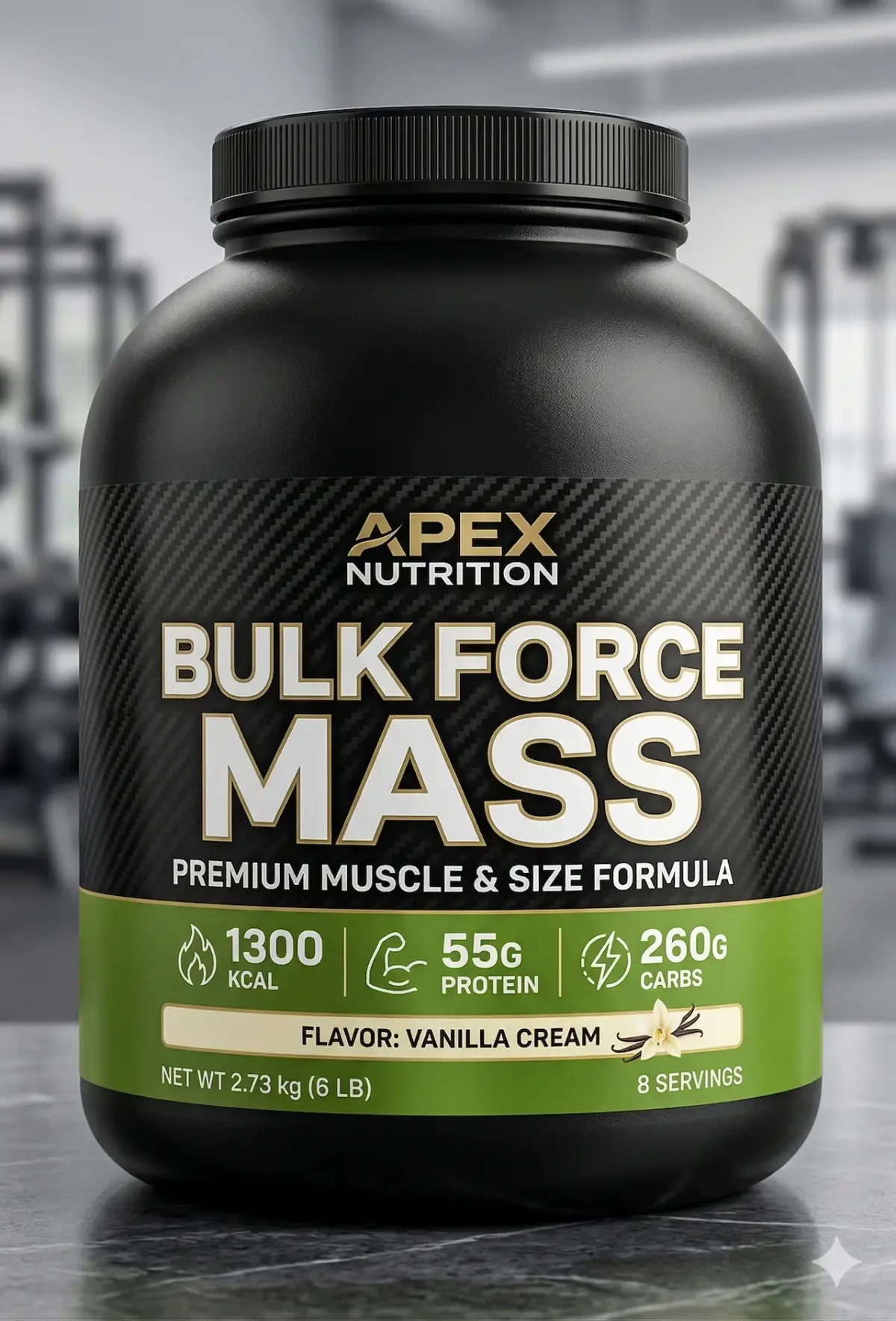Svart burk med Apex Nutrition Bulk Force Mass gainer i vaniljsmak, stående i ett gym