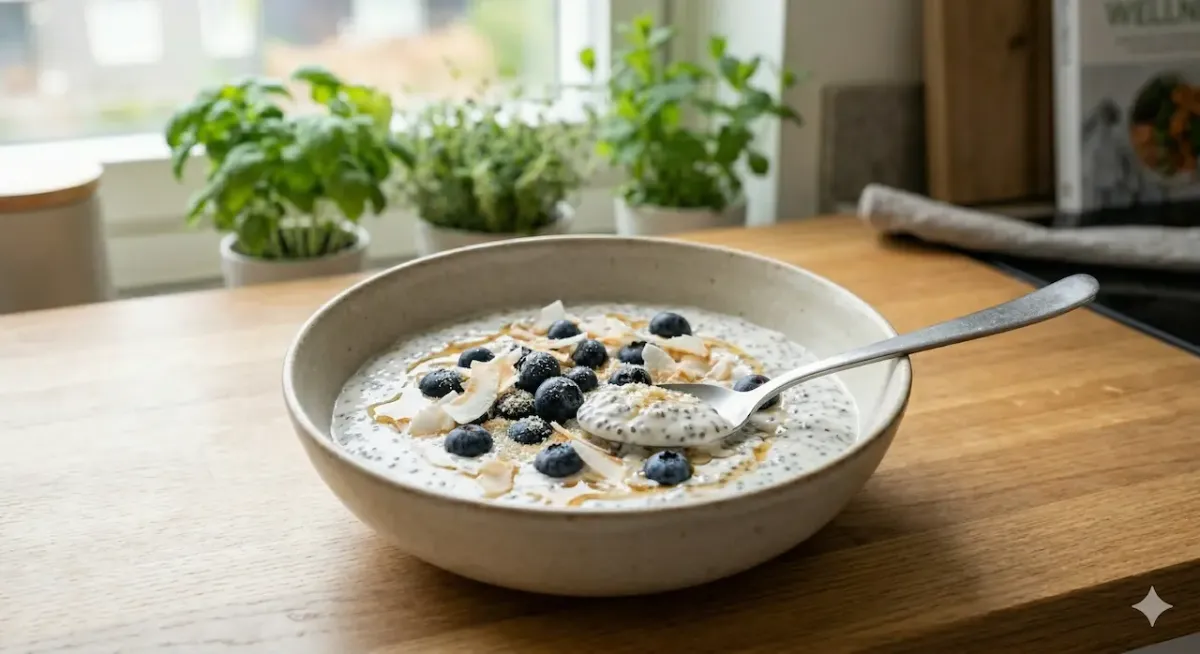 En närbild av en skål med chiapudding toppad med blåbär och kokosflingor på ett köksbord, med en sked i skålen.