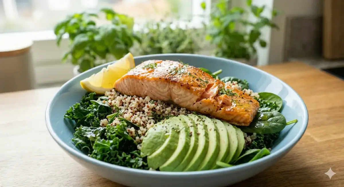 Ugnsbakad laxfilé på en bädd av quinoa, gröna blad och skivad avokado i en blå skål.