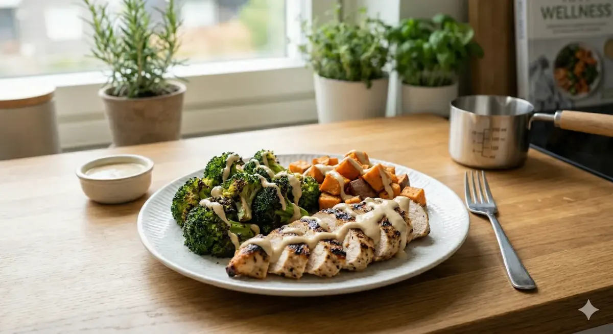 En närbild av en tallrik med skivad grillad kycklingbröstfilé, rostade sötpotatistärningar och rostade broccolibuketter, allt ringlat med en krämig tahinisås. Tallriken står på en träbänk framför ett fönster med krukväxter, en kokbok med titeln 'WELLNESS' och en mätbägare i bakgrunden. En gaffel ligger bredvid tallriken.