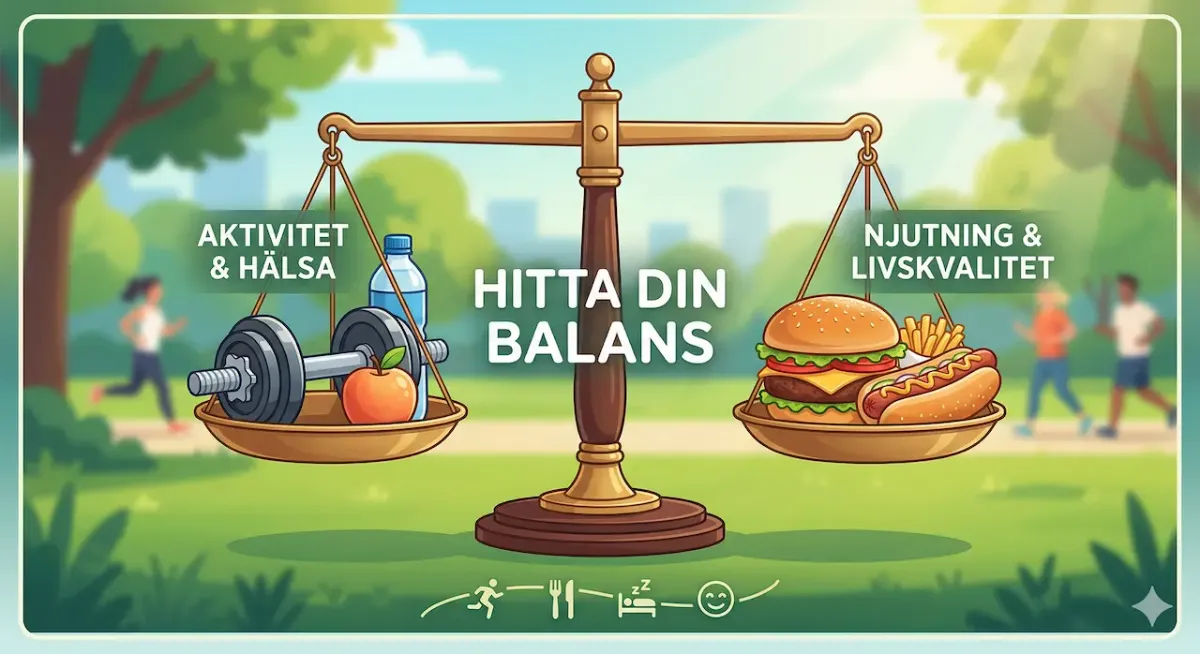 En illustration av en balanserad våg i en solig park. Vänstra skålen ('AKTIVITET & HÄLSA') har träningsutrustning och ett äpple. Högra skålen ('NJUTNING & LIVSKVALITET') har en burgare och pommes frites. Central text säger 'HITTA DIN BALANS'. Bakgrund och bottenikoner visar livsstil.